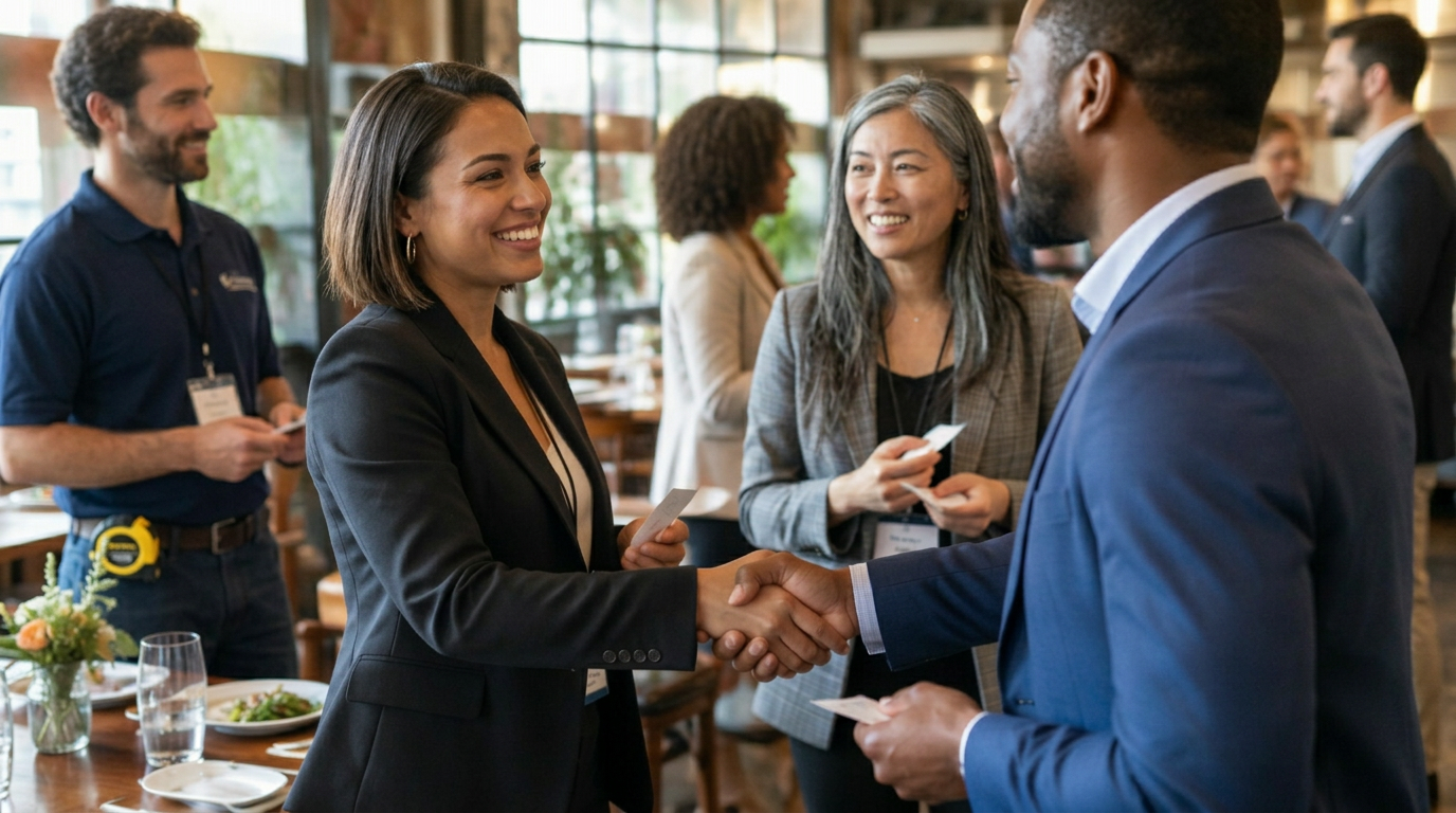 Members shaking hands at a networking lunch