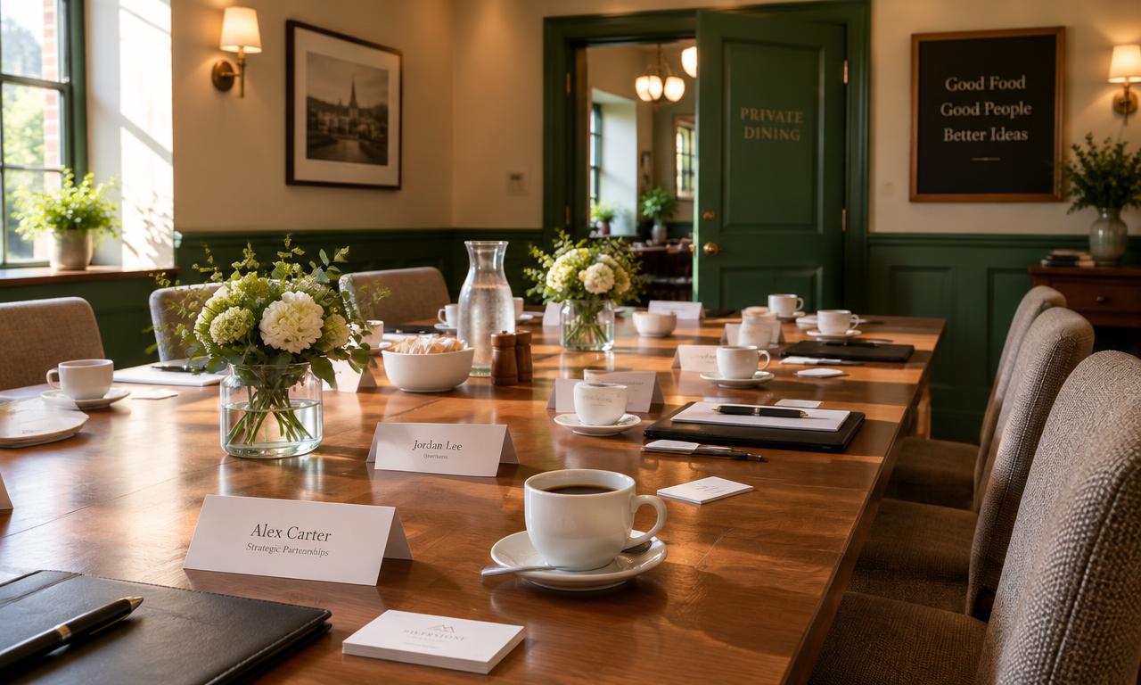 Meeting room set for a networking lunch